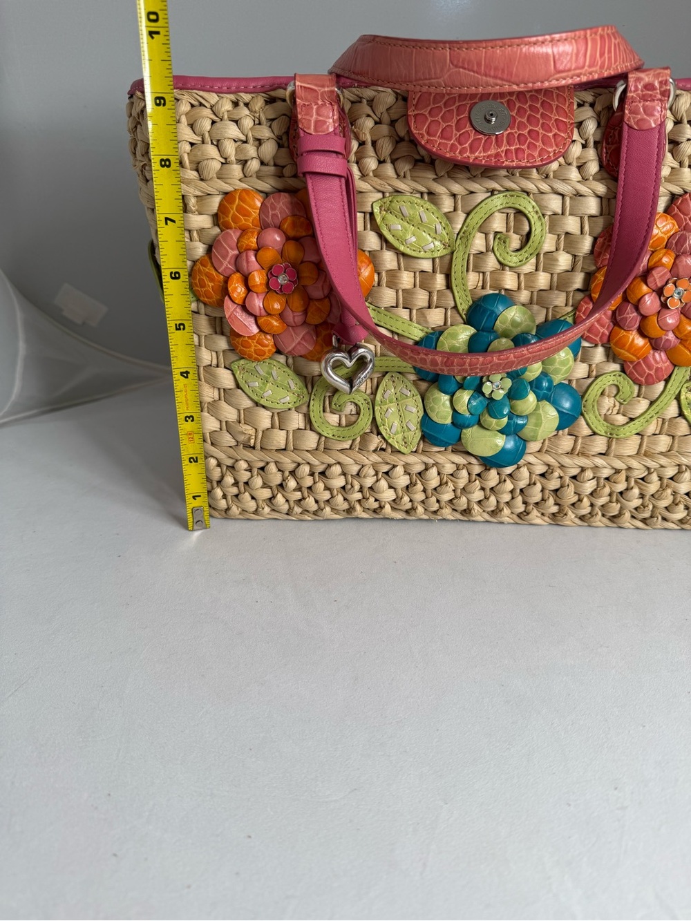 Brighton Beige Straw Tote with Pink Trim and Multicolor leather Floral Appliqués - Picture 7 of 12